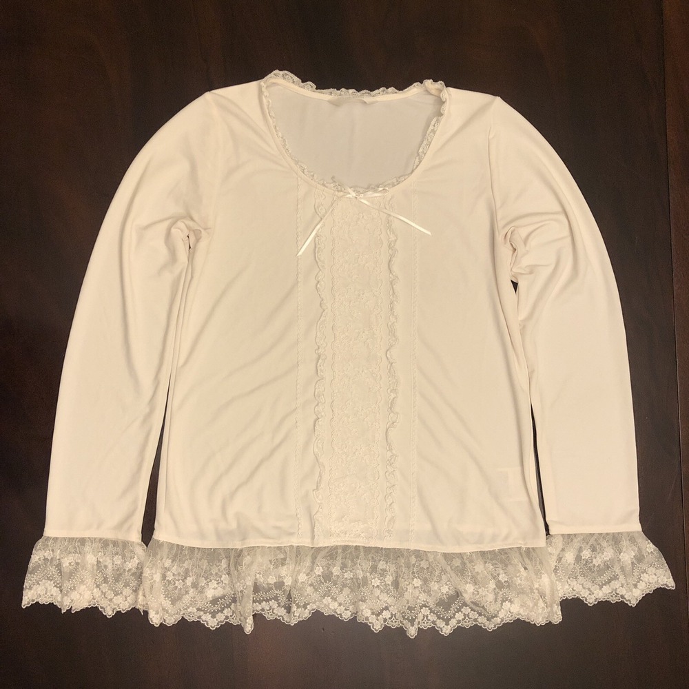 Pink House Japan White Long Sleeve Blouse Size M Ribbon Neck Floral Flared Cuffs
